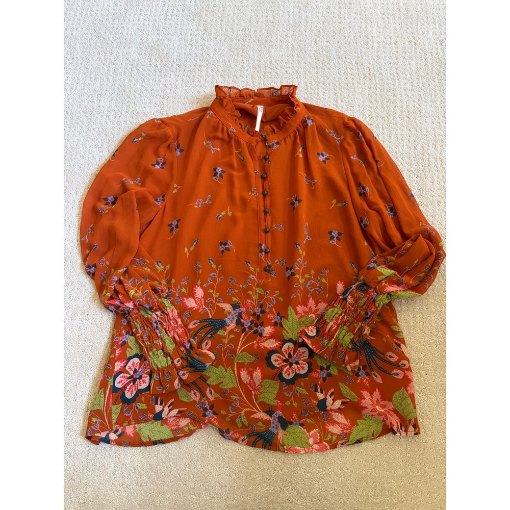 Ecote Anthropologie Blouse Womens S Orange Boho Floral Bird Smocked Autumn Fall
